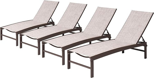Patio Aluminum Chaise Lounge Chair, Set of 4 Outdoor Recliner Lounge Chair Sun Loungers, All Weather Chaise with 5 Adjustable Backrest and Lay Flat Positions for Garden, Balcony, Pool
