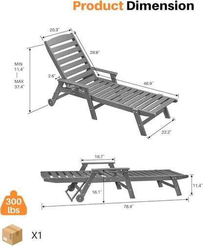 HDPE Outdoor Chaise Lounge Chair, 78.4'' Adjustable Outdoor Lounger with Wheels & Cup Holder, 5 Positions Poly Lounge Chair Furniture, HDPE Patio Lounge Chair for Poolside, Deck, Smoke Gray