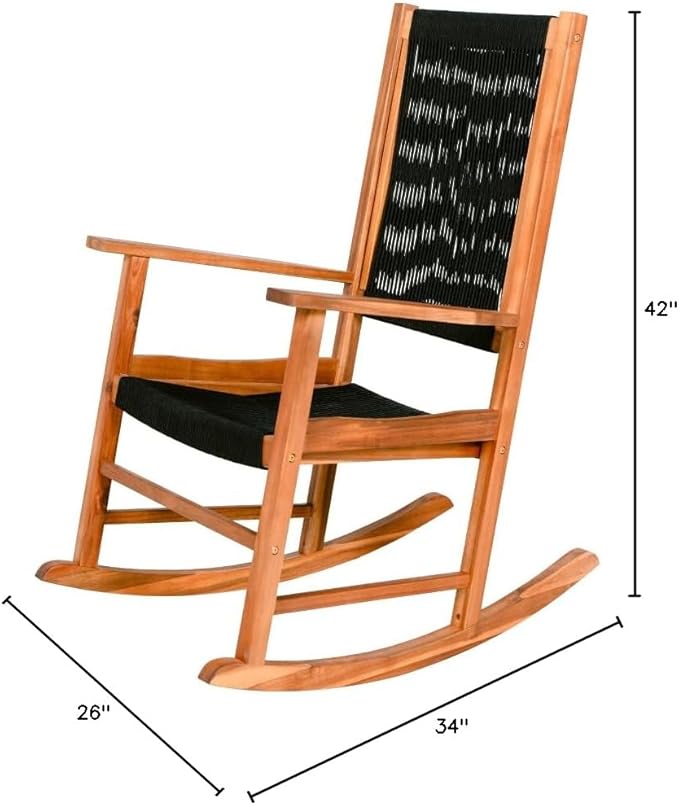 East Green Hudson Modern Outdoor Rocking Chair with Black Rope Accents - Wooden Porch Rocker Crafted from Weather-Resistant Acacia Wood
