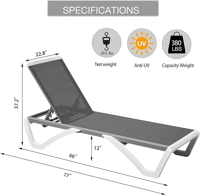 Domi Outdoor Lounge Chairs Set of 4, Aluminum Lounge Chairs for Outside with 5 Position Adjustable Backrest, Outdoor Chaise Lounge for Beach, Yard, Balcony, Poolside, Grey