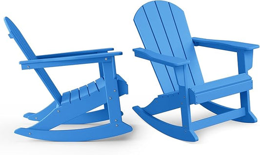 Costaelm Outdoor Adirondack Chair Set of 2, All Weather Resistant Classic Balcony Chair and Fire Pit Chairs, Plastic Outdoor Porch Furniture Rocking Chair High Back HDPE Poly Lumber, Pacific Blue
