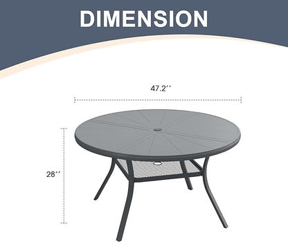 VICLLAX Round Patio Dining Table, 4-6 Person Aluminum Outdoor Dining Table with Umbrella Hole and Storage Shelf for Garden Lawn Deck, 47.2" Dark Grey