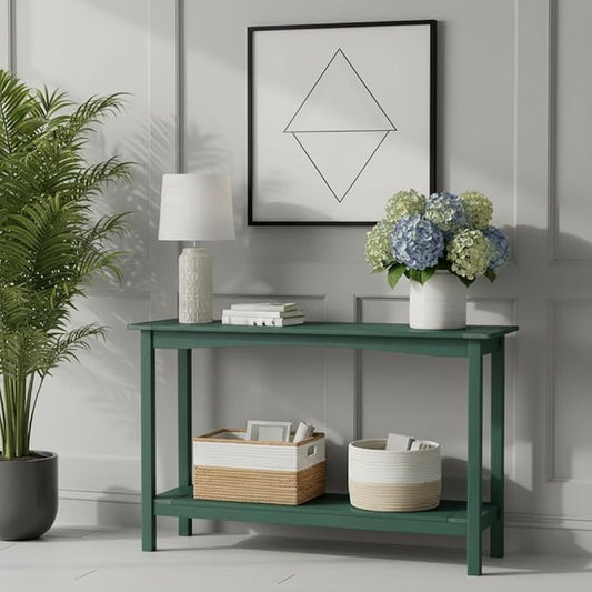 Weatherproof HIPS Outdoor Console Table, 48'' 2-Shelf Side Table Indoor/Outdoor Use, Multifunctional Buffet Table Bar Storage Organizer for Entryway, Patio, Outside Plant Stand Table, Green