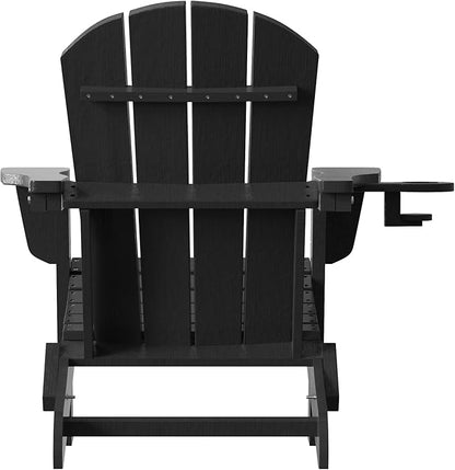 Folding Adirondack Chair with Cup Holder, HDPE All-Weather Folding Patio Chair, Outdoor Patio Adirondack Chair for Lawn Porch Garden Backyard Deck Fire Pit, Black