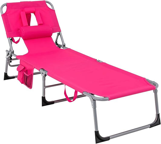 GYMAX Tanning Chair, Folding Beach Lounger with Face Arm Hole, Adjustable Backrest, Side Pocket, Pillow & Carry Handle, Outside Sunbathing Lounge Chair for Patio, Poolside, Lawn (1, Pink)