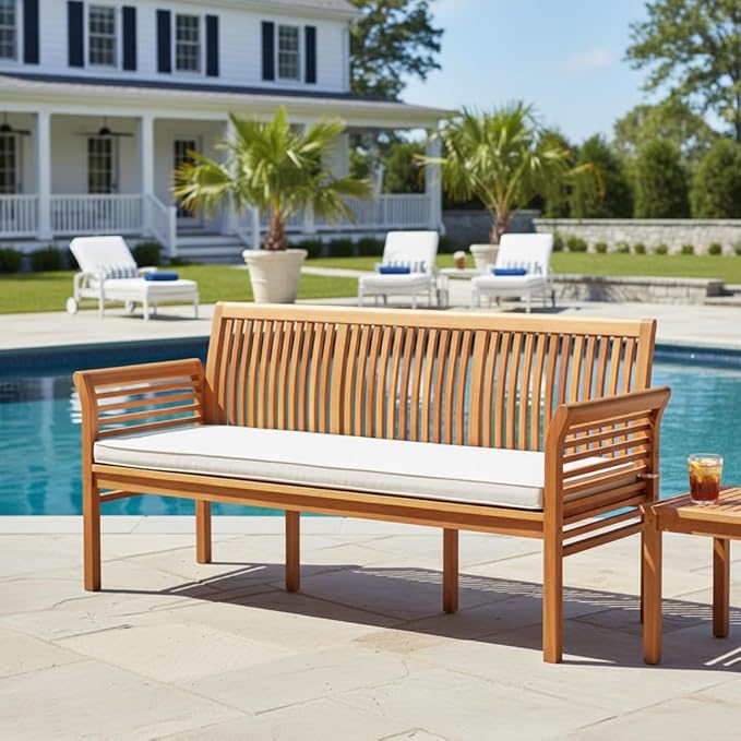 Tangkula 3-Seat Patio Acacia Wood Bench with Cushion, 62.5” Extra Long Outdoor Chair with Dense Slatted Backrest & Armrests, 1200 lbs Weight Capacity, Outside Bench for Yard, Balcony, Porch & Garden