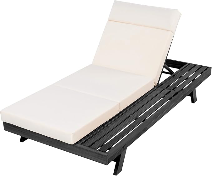 Christopher Knight Home Dami Patio Chaise Lounge Chair Outdoor with 4'' Foldable Cushion, Acacia Wood Poolside Sun Lounger, Space Available On One Side, Adjustable Backrest Pool Lounger, Black + Cream