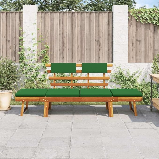 Convertible Garden Bench with Cushions, Outdoor Daybed, Acacia Wood Patio Furniture, Grey Wash Finish Brown and Green - Photo 3