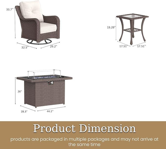 7 Piece Patio Furniture Set with Fire Pit Table, All-Weather Wicker Outdoor Conversation Set with Swivel Rocking Chair and 6 Inch Thick Cushions
