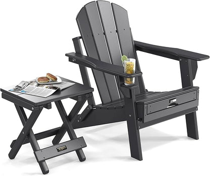 VINGLI Small Folding HDPE Side Table, Plastic Waterproof Portable Adirondack Coffee End Tables, All Weather for Patio, Backyard, Pool, Indoor Use, Black