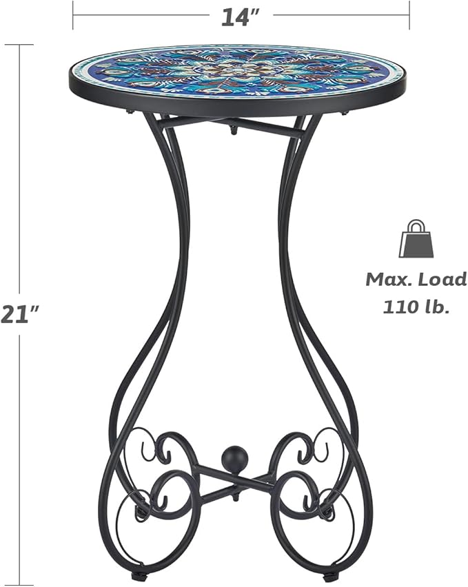 VONLUCE Outdoor Side Table and Mosaic Plant Stand, 21" Round End Table with 14" Ceramic Tile Top for Patio Porch Decor, Indoor & Outdoor Accent Table, Small Coffee Table for Home and Garden, Peacock