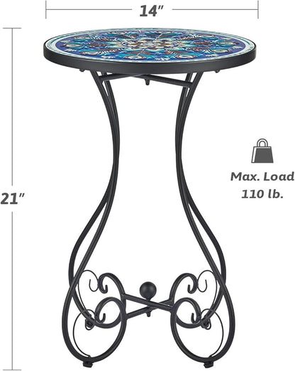 VONLUCE Outdoor Side Table and Mosaic Plant Stand, 21" Round End Table with 14" Ceramic Tile Top for Patio Porch Decor, Indoor & Outdoor Accent Table, Small Coffee Table for Home and Garden, Peacock