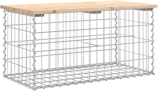 vidaXL Patio Bench - Pine Wood Outdoor Seating with Gabion Steel Base - Compact Garden Park Design - Ideal for Patio or Backyard - Natural Brown Finish 32.7x17.3x16.5 inches