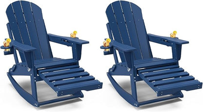 Adirondack Rocking Chairs Set of 2 with Retractable Ottoman, All Weather Folding Adirondack Chair with Two Cup Holders, Adirondack Outdoor Rocking Chairs for Porch, Patio, Balcony. Navy Blue