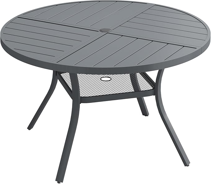 DIFY 40.6" Round Outdoor Patio Dining Table for 4, All-Weather Metal Steel Slatted Patio Table with 1.57" Adjustable Umbrella Hole, for Lawn Garden Porch Backyard, Grey