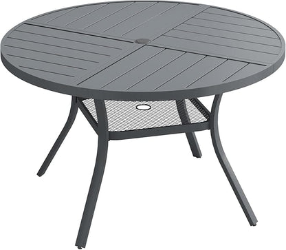 DIFY 40.6" Round Outdoor Patio Dining Table for 4, All-Weather Metal Steel Slatted Patio Table with 1.57" Adjustable Umbrella Hole, for Lawn Garden Porch Backyard, Grey