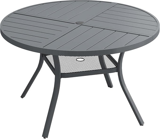 DIFY 40.6" Round Outdoor Patio Dining Table for 4, All-Weather Metal Steel Slatted Patio Table with 1.57" Adjustable Umbrella Hole, for Lawn Garden Porch Backyard, Grey