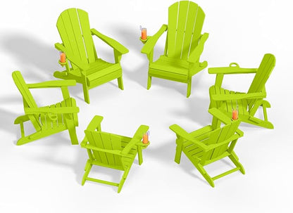 Folding Adirondack Chairs with Cup Holders, Set of 6 HDPE Plastic Outdoor Chairs, Weather Resistant, Real Wood Look, Heavy-Duty Patio Furniture for Deck, Fire Pit, Backyard, Apple Green
