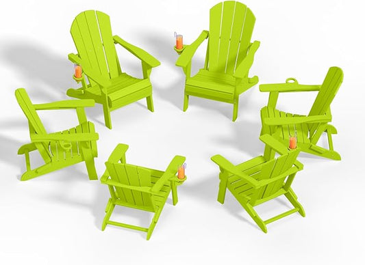 Folding Adirondack Chairs with Cup Holders, Set of 6 HDPE Plastic Outdoor Chairs, Weather Resistant, Real Wood Look, Heavy-Duty Patio Furniture for Deck, Fire Pit, Backyard, Apple Green