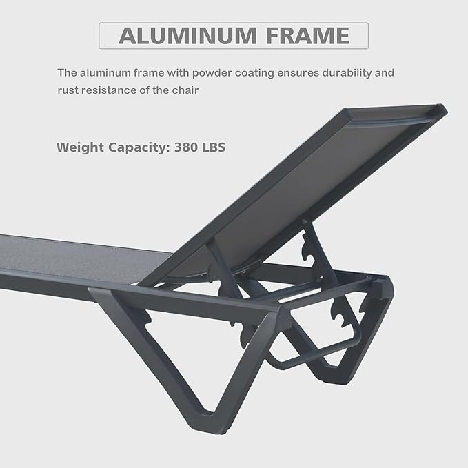 Outdoor Lounge Chairs Set of 2, Aluminum Pool Lounge Chairs with 5 Adjustable Backrest and Side Table, Full Flat Patio Lounge Chair for Sunbathing & Tanning, Poolside, Patio, Beach -Grey
