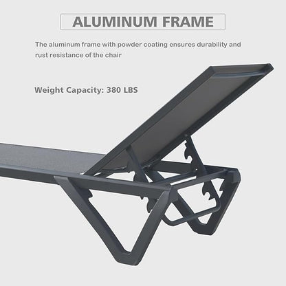 Outdoor Lounge Chairs Set of 2, Aluminum Pool Lounge Chairs with 5 Adjustable Backrest and Side Table, Full Flat Patio Lounge Chair for Sunbathing & Tanning, Poolside, Patio, Beach -Grey