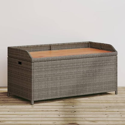 Grey and Brown Storage Bench with Gas Spring Lid, Poly Rattan and Acacia Wood, UV Resistant Water-Resistant Outdoor Indoor Seating for Patio Balcony Garden, Ample Storage