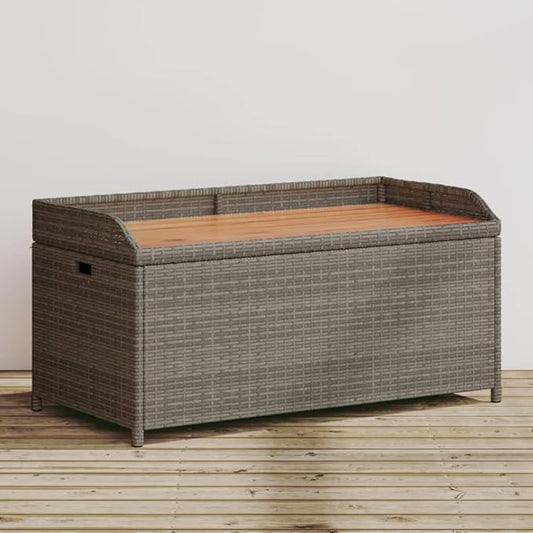 Outdoor Storage Bench with Seat. 39.4 Inch Poly Rattan Garden Storage Box. Waterproof Patio Furniture with Acacia Wood Frame for Deck. Poolside. Backyard Organization