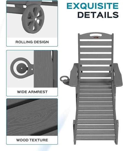Ciokea Lounge Chair Outdoor, Oversized Chaise Lounge Chair with 5 Positions, HDPE, Patio Lounge Chair with Wheels & Cup Holder for Pool, Deck, Poolside, Dark Grey