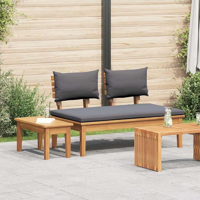 Brown Solid Teak Wood Garden Bench Set 2 pcs Modern Outdoor Furniture for Patio Terrace with Rustic Farmhouse Style Durable Weather-Resistant Assembly Required