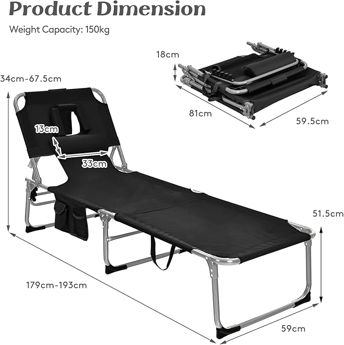 COSTWAY Folding Beach Lounge Chair, Tanning Chair with Face Hole, 5-Position Adjustable Backrest, Pillow & Side Pocket, Foldable Chaise Lounge Chair Outdoor for Sunbathing, Camping (2, Black)