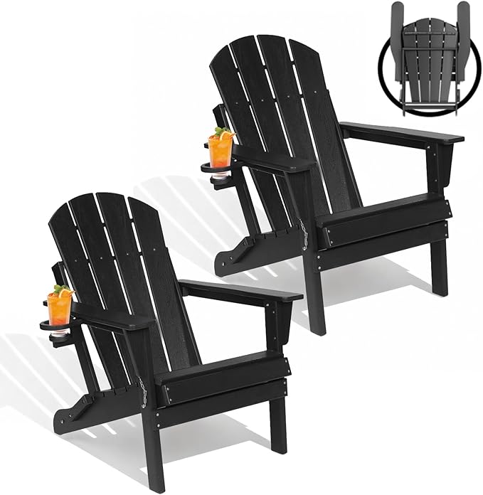 Folding Adirondack Chairs Set of 2, Plastic Outdoor Patio Chairs with Cup Holder, Wood-Textured with Large Seat for Poolside Backyard Lawn, Black