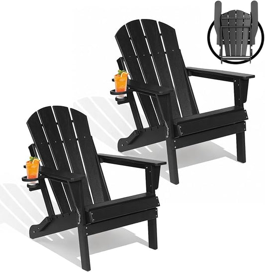 Folding Adirondack Chairs Set of 2, Plastic Outdoor Patio Chairs with Cup Holder, Wood-Textured with Large Seat for Poolside Backyard Lawn, Black