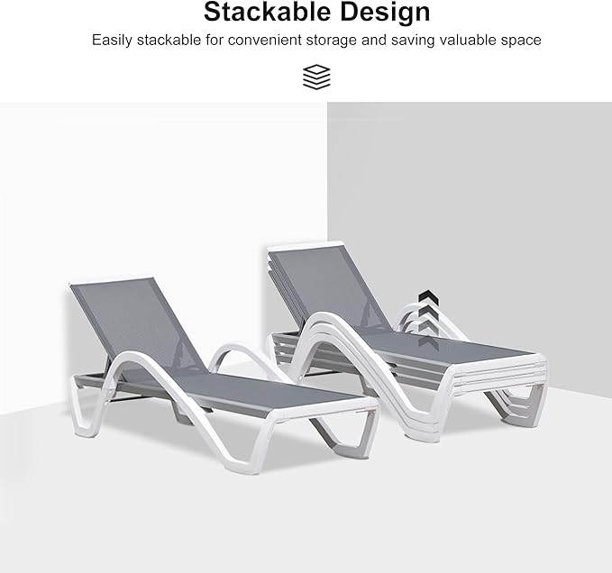PURPLE LEAF Patio Chaise Lounge Chair Outdoor Plastic Textilene Sun Bathing Recliner Tanning Pool Lounger with 6 Adjustable Position for Outside Beach in-Pool Lawn Poolside, Grey