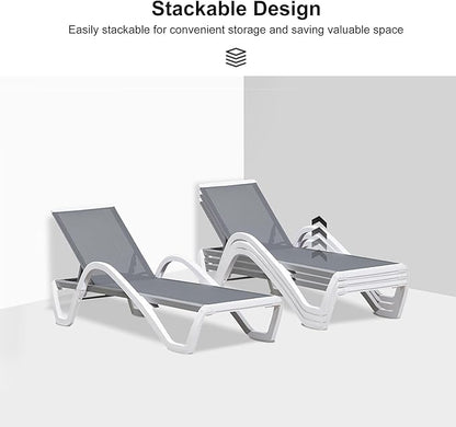 PURPLE LEAF Patio Chaise Lounge Chair Outdoor Plastic Textilene Sun Bathing Recliner Tanning Pool Lounger with 6 Adjustable Position for Outside Beach in-Pool Lawn Poolside, Grey