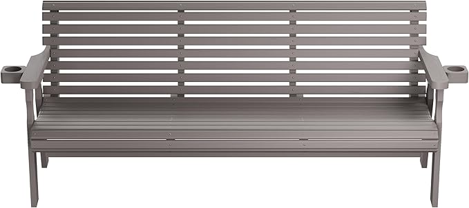 Amish Casual Heavy Duty 6 Foot Pressure Treated Outdoor Garden Bench in Semi Solid Grey Stain with Cup Holders - Amish Crafted Roll Back Design, 700 Lb Weight Capacity