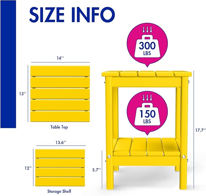 BRIOPAWS Outdoor-Side-Table | Small | HDPE Plastic | Patio End-Table | 2-Shelf Adirondack Outside Tables | All Weather | for Poolside Front Porch Indoor Living Room | 14" x 13" | Yellow