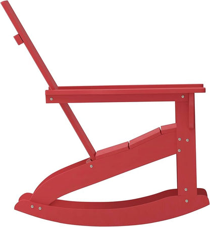 Flash Furniture Finn Modern Commercial Poly Resin Wood Adirondack Rocking Chair - All Weather Red Polystyrene - Dual Slat Back - Stainless Steel Hardware - Set of 2