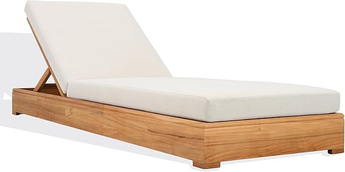 SAFAVIEH Couture Outdoor Patio Furniture Collection - Montford Brazilian Teak Chaise Lounge with Beige Cushions, Adjustable Backrest (CPT1065)