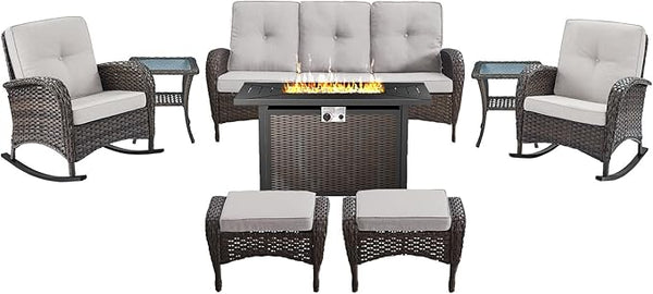 Belord Patio Furniture Set with Fire Pit Table - 8 Piece Outdoor Wicker Furniture Set with 43" 50000 BTU Propane Fire - Photo 1