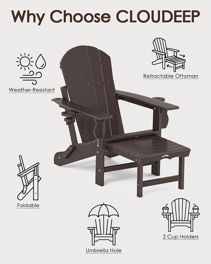 Folding Adirondack Chair with Ottoman, Recyclable HDPE Adirondack Patio Chair with 2 Cup Holder, Outdoor Fire Pit Chairs with Pull Out Footrest, Weather Resistant for Garden, Deck, Poolside, Brown