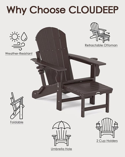 Folding Adirondack Chair with Ottoman, Recyclable HDPE Adirondack Patio Chair with 2 Cup Holder, Outdoor Fire Pit Chairs with Pull Out Footrest, Weather Resistant for Garden, Deck, Poolside, Brown