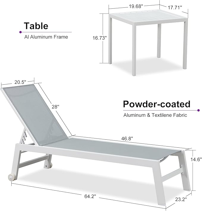 PURPLE LEAF Patio Lounge Chair 2 Pieces White Aluminum Outdoor Chaise Lounge for Pool Backyard Beach with Wheels and Table, Mixed Color