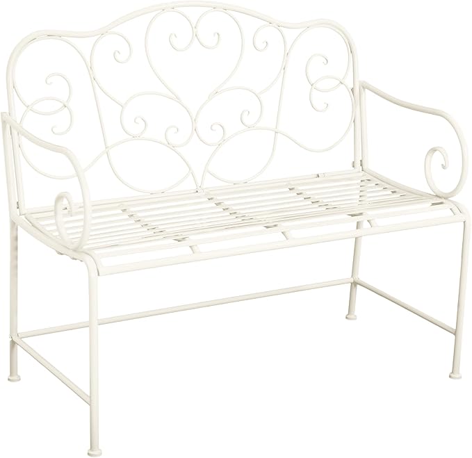 Outdoor Garden Bench, Sturdy Iron 2-Seater with Decorative Backrest, Weather-Resistant Metal Loveseat for Patio, Porch, Lawn, Romantic Green Finish, Ventilated Seat, Easy Maintenance, Matte White