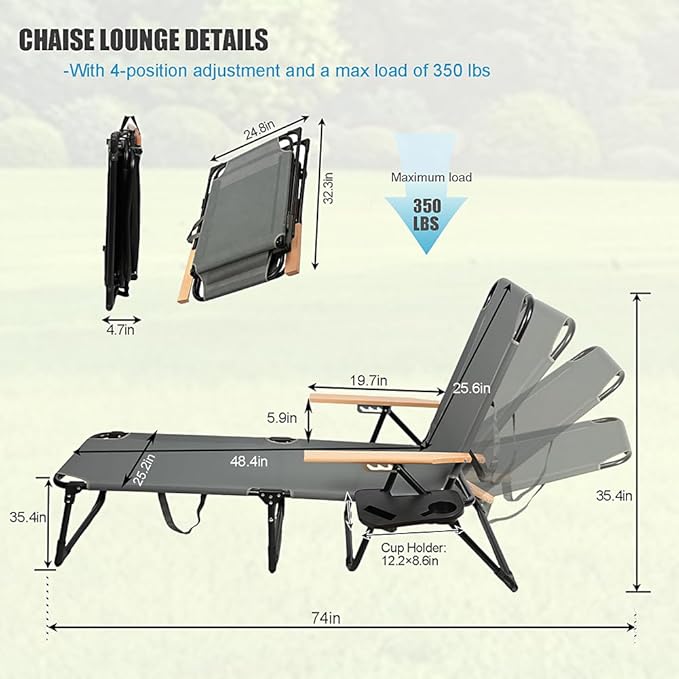 Folding Outdoor Chaise Lounge Chair with Arms, 4 Reclining Back Sunbathing Lounge Chair - Photo 3