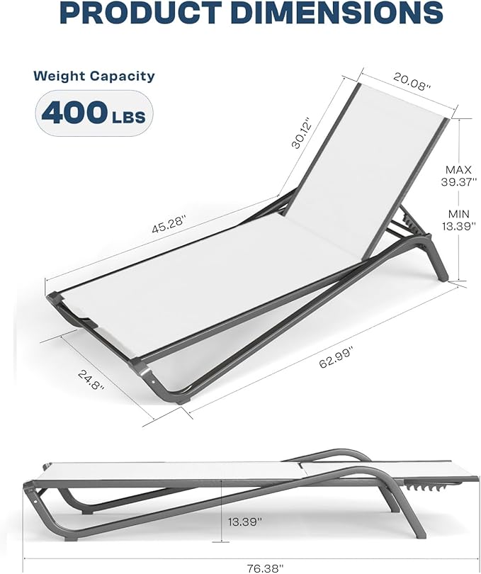 Lounge Chair Set of 2, Aluminum Chaise Lounge Outdoor with Side Table - Photo 2