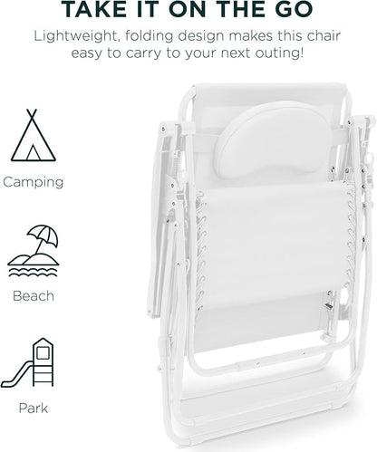 Best Choice Products Oversized Zero Gravity Chair, Folding Outdoor Patio Lounge Recliner w/Cup Holder Accessory Tray, Pillow - Snow