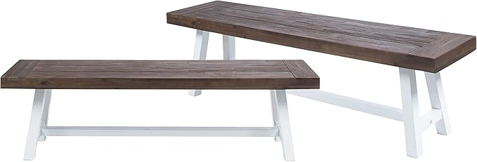 Merax 2 Pack Outdoor Acacia Wood Patio Bench, Garden Benches for Porch Park Yard Backyard Lawn, Brown+White