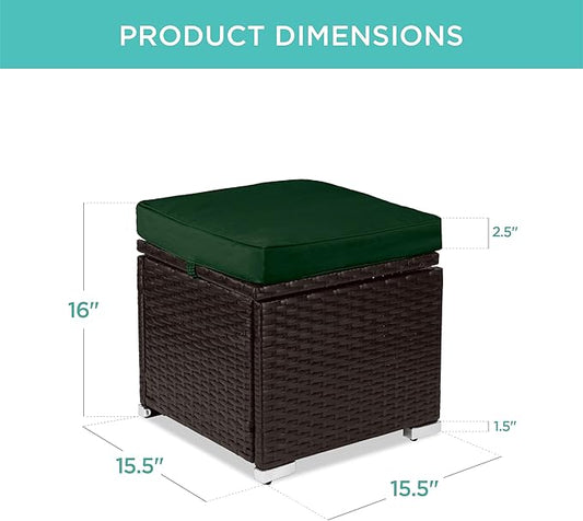 Best Choice Products Set of 2 Wicker Ottomans, Multipurpose Outdoor Furniture for Patio, Backyard, Additional Seating, Footrest, Side Table w/Storage, Removable Cushions - Midnight Green/Brown