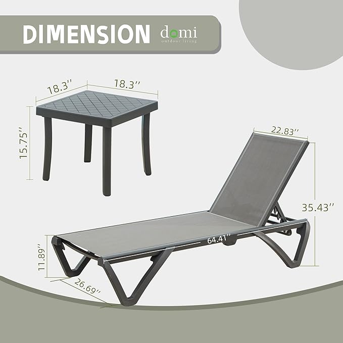 Domi Pool Lounge Chairs Set of 3, Aluminum Chaise Lounge Outdoor with Side Table - Photo 2