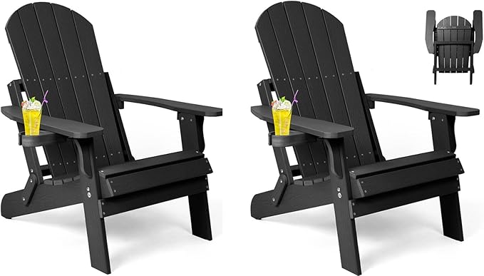 Folding Adirondack Chairs Set of 2, All Weather Resistant Plastic Chairs with Cup Holder, Fold or Unfold Easily in 1 Second, Outdoor Chairs for Patio, Garden, Backyard Deck, Lawn Fire Pit(Black)